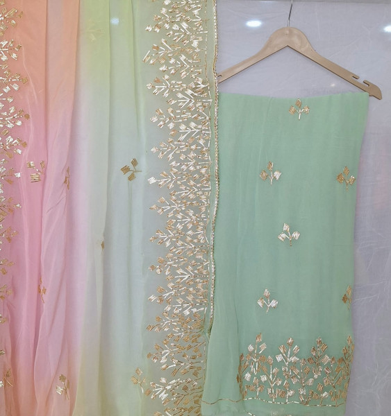 LIGHT GREEN GEORGETTE SUIT WITH MULTICOLOR DUPPTTA WITH KACCHAGOTA HANDWORK  AND SANTOON PANTS