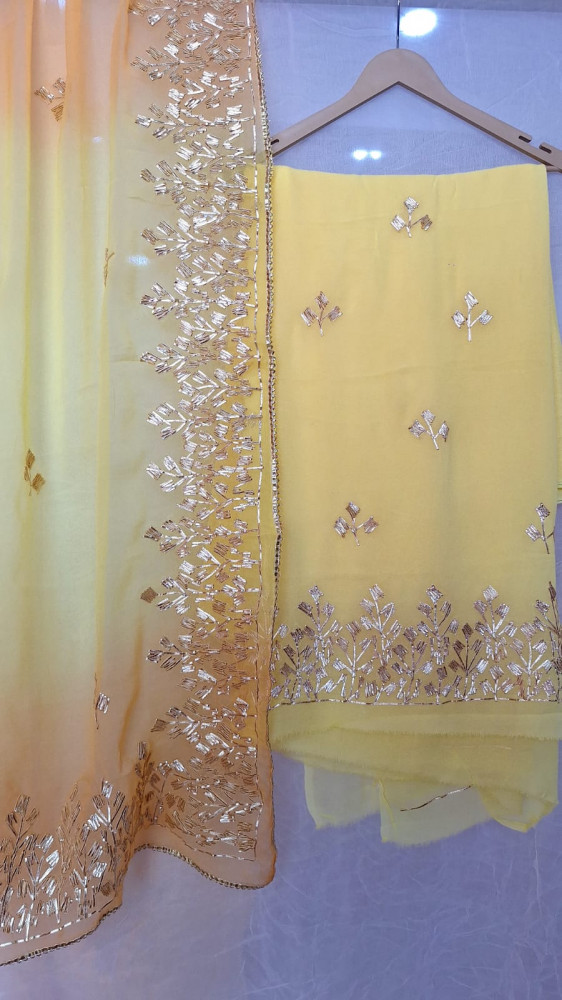 Image of YELLOW GEORGETTE KACCHAGOTA HANDWORK WITH YELLOW KESARI SHIFFON KACCHAGOTA DUPPTTA AND SANTOON PANTS