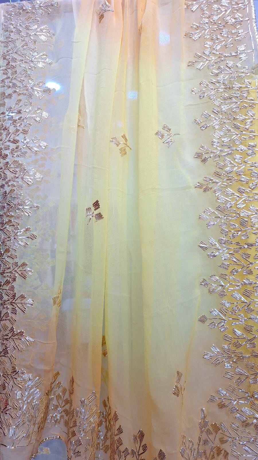 YELLOW GEORGETTE KACCHAGOTA HANDWORK WITH YELLOW KESARI SHIFFON KACCHAGOTA DUPPTTA AND SANTOON PANTS