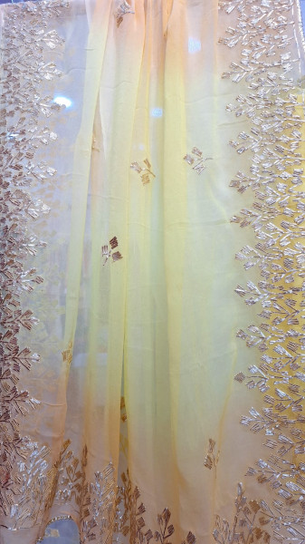 YELLOW GEORGETTE KACCHAGOTA HANDWORK WITH YELLOW KESARI SHIFFON KACCHAGOTA DUPPTTA AND SANTOON PANTS