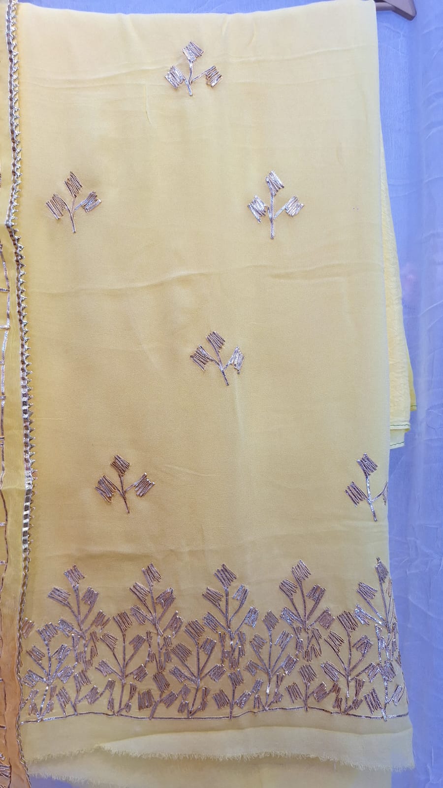YELLOW GEORGETTE KACCHAGOTA HANDWORK WITH YELLOW KESARI SHIFFON KACCHAGOTA DUPPTTA AND SANTOON PANTS