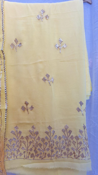 YELLOW GEORGETTE KACCHAGOTA HANDWORK WITH YELLOW KESARI SHIFFON KACCHAGOTA DUPPTTA AND SANTOON PANTS