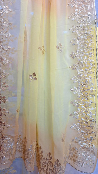 YELLOW GEORGETTE KACCHAGOTA HANDWORK WITH YELLOW KESARI SHIFFON KACCHAGOTA DUPPTTA AND SANTOON PANTS