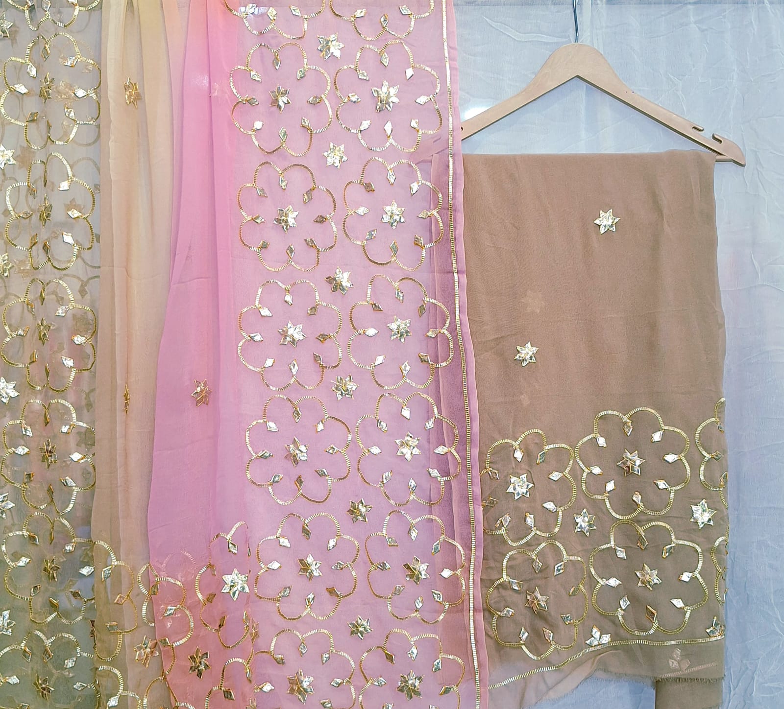 BROWN GEORGETTE WITH SHIFFON SHADED DUPPTTA WITH KACCHAGOTA HANDWORK AND SANTOON PANT UNSTITCHED SET