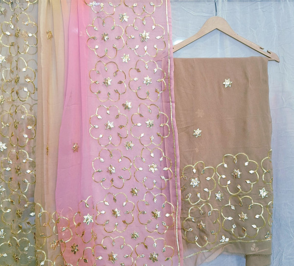 BROWN GEORGETTE WITH SHIFFON SHADED DUPPTTA WITH KACCHAGOTA HANDWORK AND SANTOON PANT UNSTITCHED SET