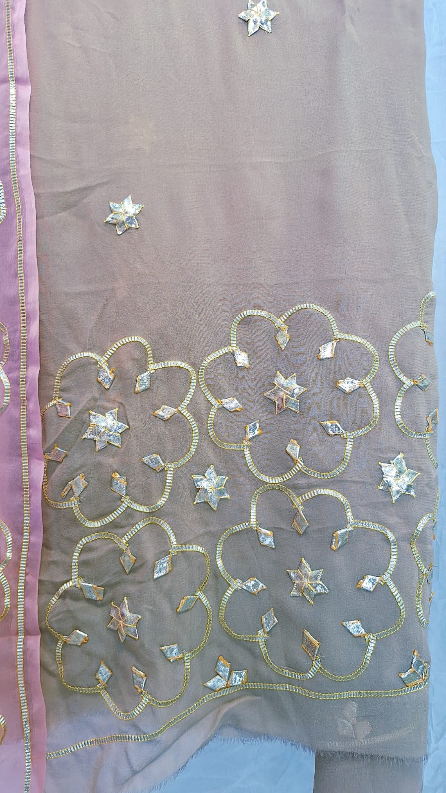 BROWN GEORGETTE WITH SHIFFON SHADED DUPPTTA WITH KACCHAGOTA HANDWORK AND SANTOON PANT UNSTITCHED SET