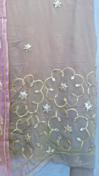 BROWN GEORGETTE WITH SHIFFON SHADED DUPPTTA WITH KACCHAGOTA HANDWORK AND SANTOON PANT UNSTITCHED SET