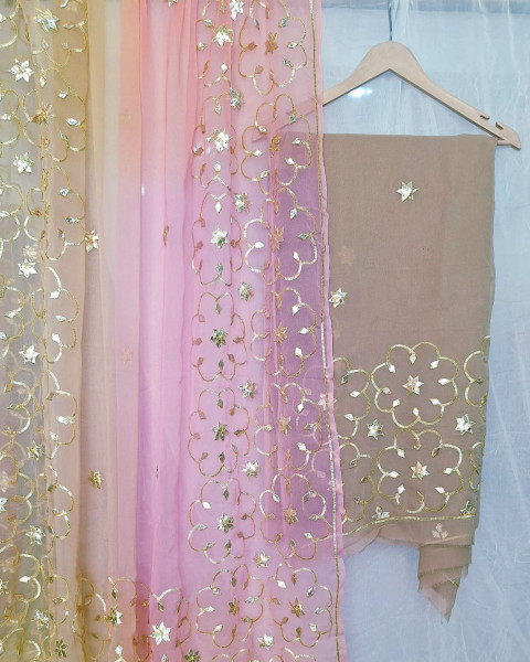 BROWN GEORGETTE WITH SHIFFON SHADED DUPPTTA WITH KACCHAGOTA HANDWORK AND SANTOON PANT UNSTITCHED SET