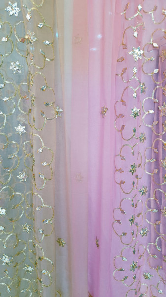 BROWN GEORGETTE WITH SHIFFON SHADED DUPPTTA WITH KACCHAGOTA HANDWORK AND SANTOON PANT UNSTITCHED SET