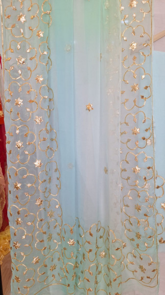 AQUA BLUE GEORGETTE SUIT WITH SHIFFON KACCHAGOTA HANDWORK  AND SANTOON PANTS UNSTITCHED SET