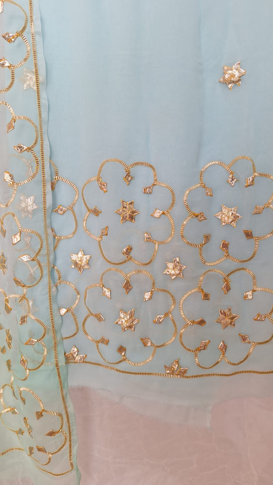 AQUA BLUE GEORGETTE SUIT WITH SHIFFON KACCHAGOTA HANDWORK AND SANTOON PANTS UNSTITCHED SET