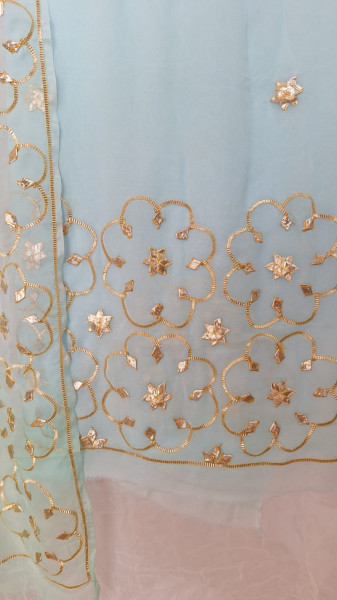 AQUA BLUE GEORGETTE SUIT WITH SHIFFON KACCHAGOTA HANDWORK  AND SANTOON PANTS UNSTITCHED SET