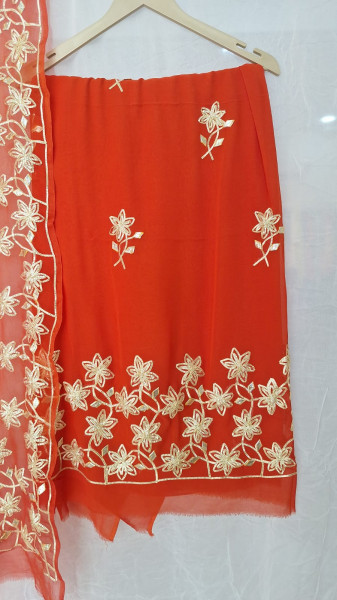 RUSTORANGE GEORGETTE KACCHAGOTA HANDWORK UNSTITCHED SUIT SET
