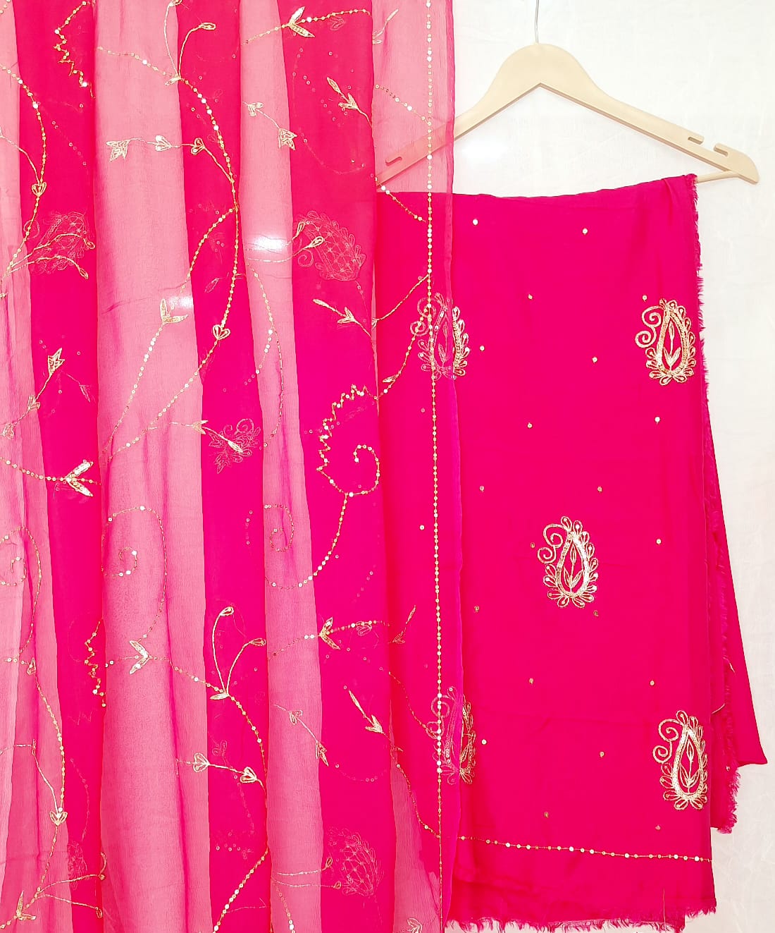 RANI DOLASILK AARI TAARI HANDWORK SUIT WITH SHIFFON JAAL AARI TAARI HANDWORK  WITH SANTOON PANTS UNSTICHED PCS