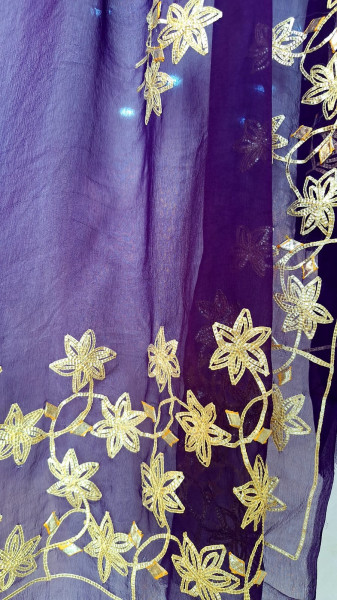 PURPLE GEORGETTE WITH SHIFFON DUPPTTA ON KACCHAGOTA HANDWORK WITH SANTOON PANT
