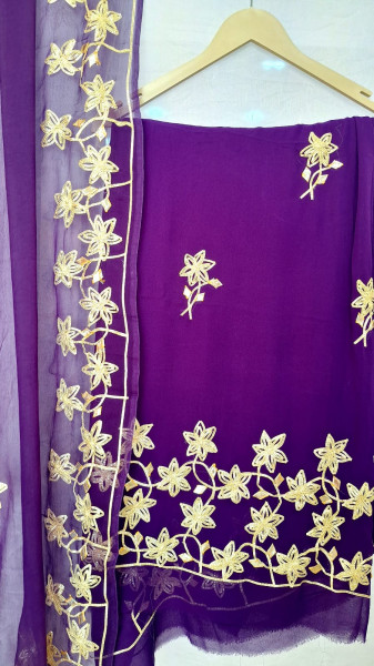 PURPLE GEORGETTE WITH SHIFFON DUPPTTA ON KACCHAGOTA HANDWORK WITH SANTOON PANT