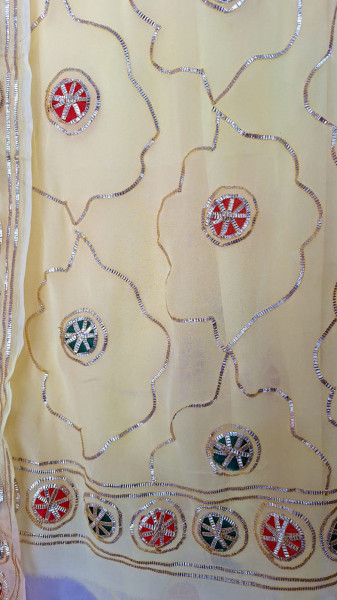 YELLOW GEORGETTE SUIT ,SHIFFON ON KACCHAGOTA JAAL HANDWORK WITH SANTOON PANTS UNSTITCHED SET