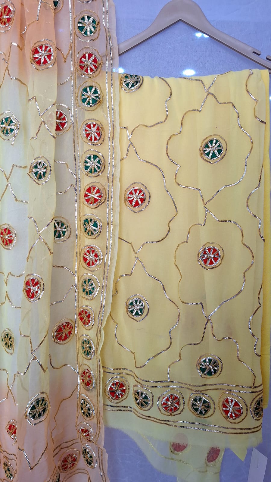 YELLOW GEORGETTE SUIT SHIFFON ON KACCHAGOTA JAAL HANDWORK WITH SANTOON PANTS UNSTITCHED SET