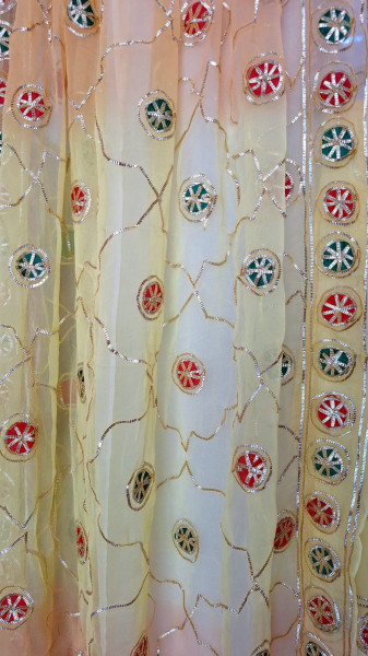 YELLOW GEORGETTE SUIT ,SHIFFON ON KACCHAGOTA JAAL HANDWORK WITH SANTOON PANTS UNSTITCHED SET