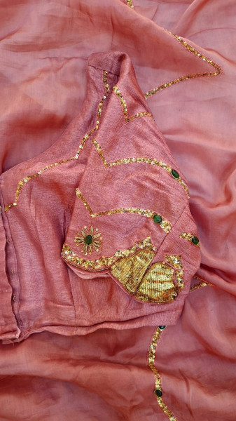 TISSUE ORGANZA MOUSE BROWN HANDWORK SAREE