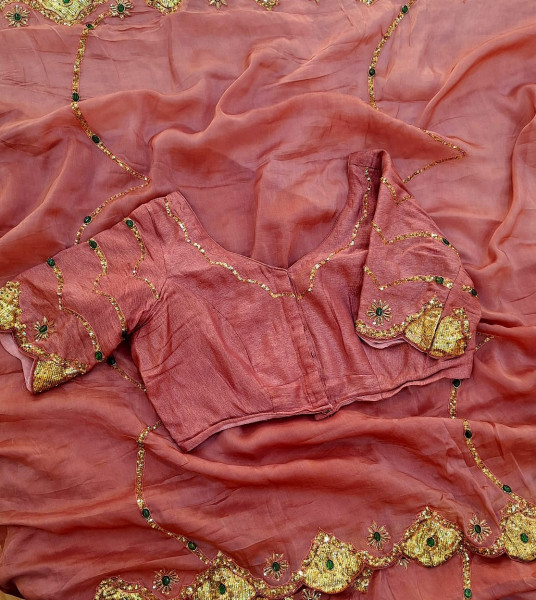 TISSUE ORGANZA MOUSE BROWN HANDWORK SAREE