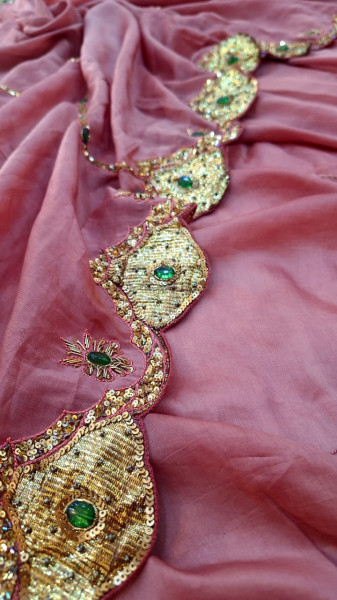 TISSUE ORGANZA MOUSE BROWN HANDWORK SAREE