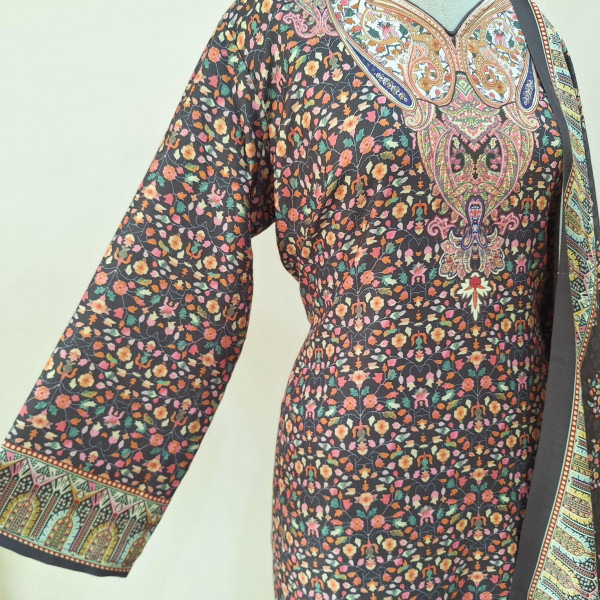 DARK GREY PRINTED  WOOLLEN SUIT SET