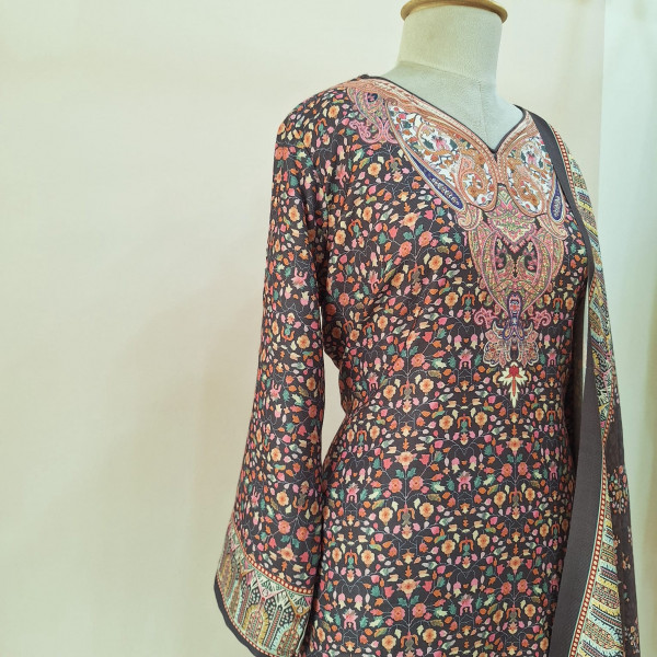 DARK GREY PRINTED  WOOLLEN SUIT SET