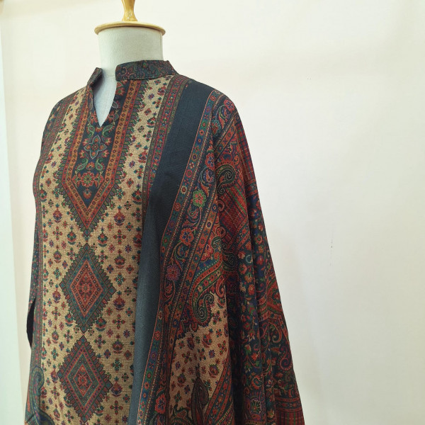 LIGHT BROWN PRINTED WOOLLEN SUIT SET