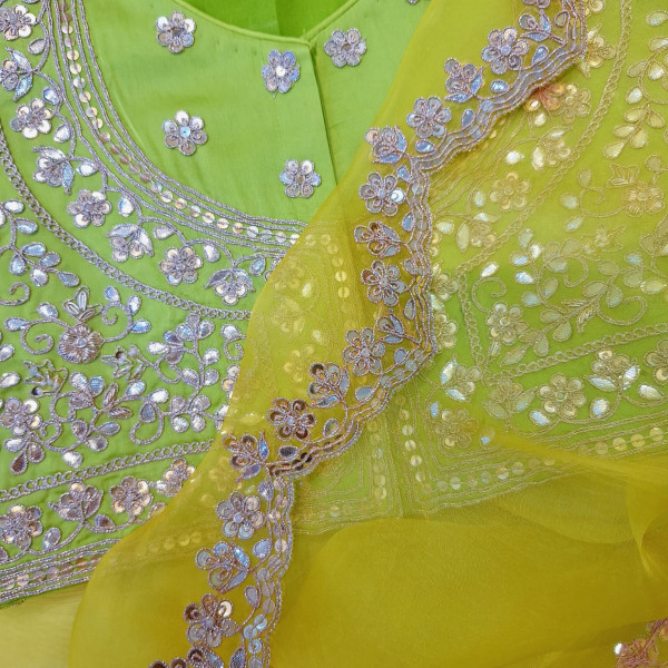 PURE ORGANZA HANDWORK YELLOW WITH LIRIL GREEN BLOUSE AND SAREE