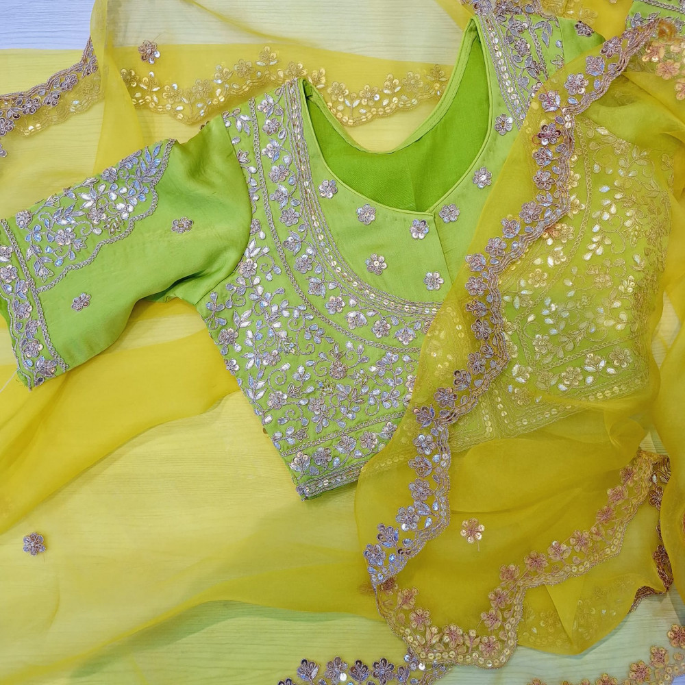 Image of PURE ORGANZA HANDWORK YELLOW WITH LIRIL GREEN BLOUSE AND SAREE