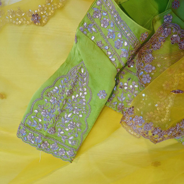 PURE ORGANZA HANDWORK YELLOW WITH LIRIL GREEN BLOUSE AND SAREE