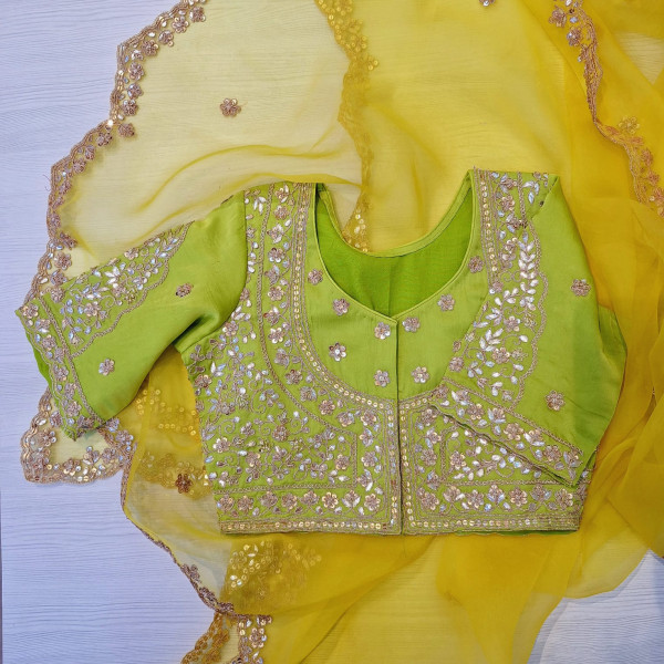 PURE ORGANZA HANDWORK YELLOW WITH LIRIL GREEN BLOUSE AND SAREE
