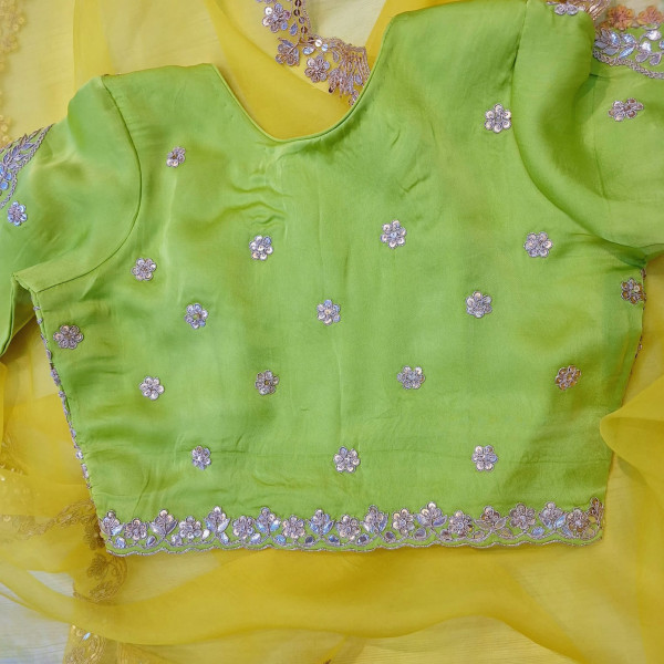PURE ORGANZA HANDWORK YELLOW WITH LIRIL GREEN BLOUSE AND SAREE