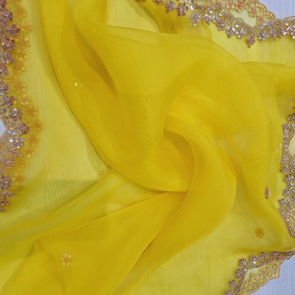 PURE ORGANZA HANDWORK YELLOW WITH LIRIL GREEN BLOUSE AND SAREE