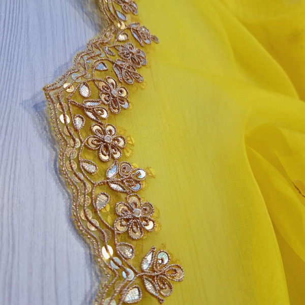 PURE ORGANZA HANDWORK YELLOW WITH LIRIL GREEN BLOUSE AND SAREE