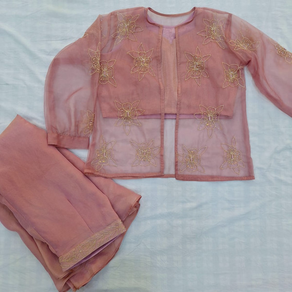 ONION PINK HANDWORK INDO WESTERN  SET
