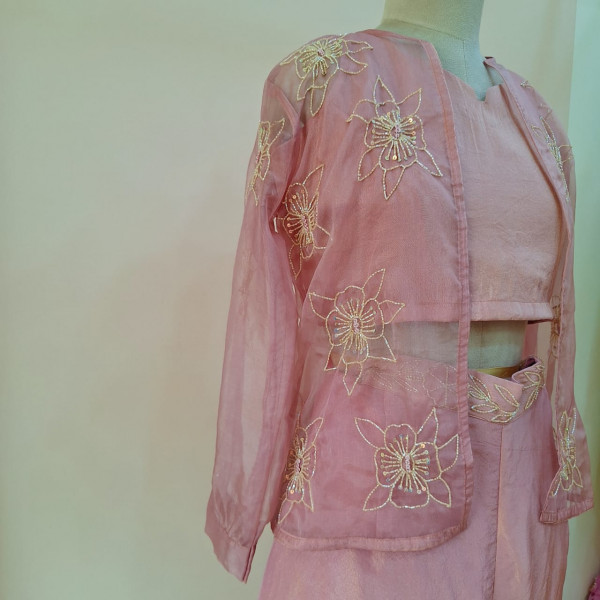 ONION PINK HANDWORK INDO WESTERN  SET