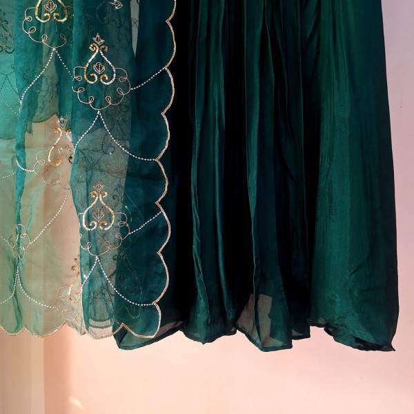 BOTTLE GREEN SUMMER SILK HANDWORK  SUIT SET
