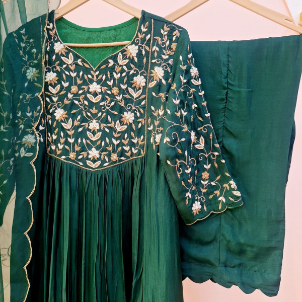 BOTTLE GREEN SUMMER SILK HANDWORK  SUIT SET