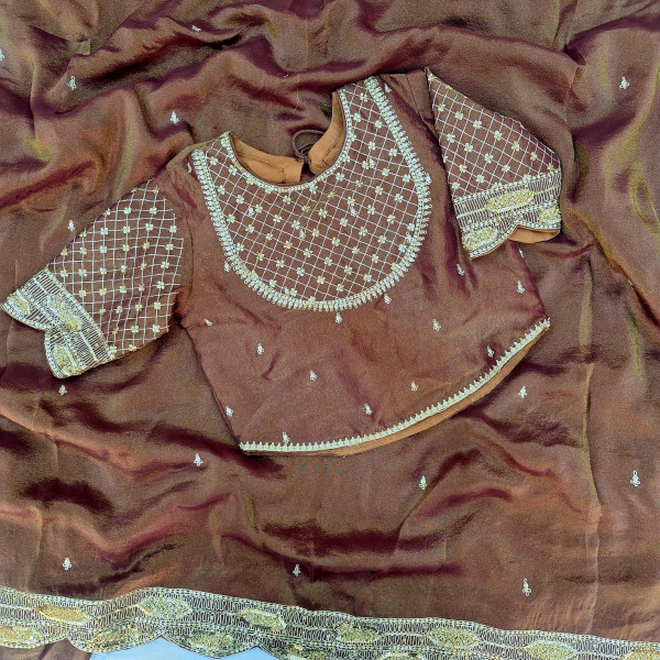 BROWN TISSUE HANDWORK SAREE