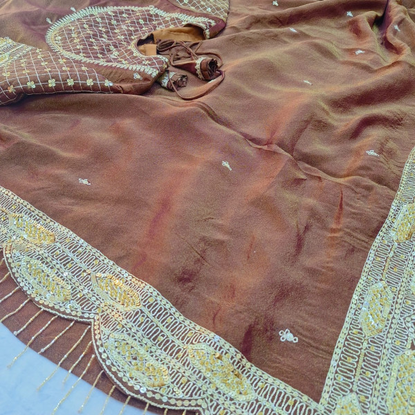 BROWN TISSUE HANDWORK SAREE