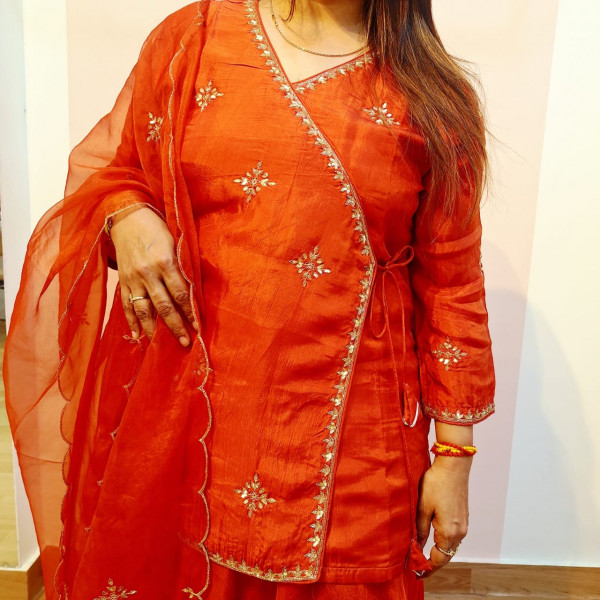 RUST ORANGE HANDWORK ANGRAKHA WITH SKIRT AND DUPATTA SET