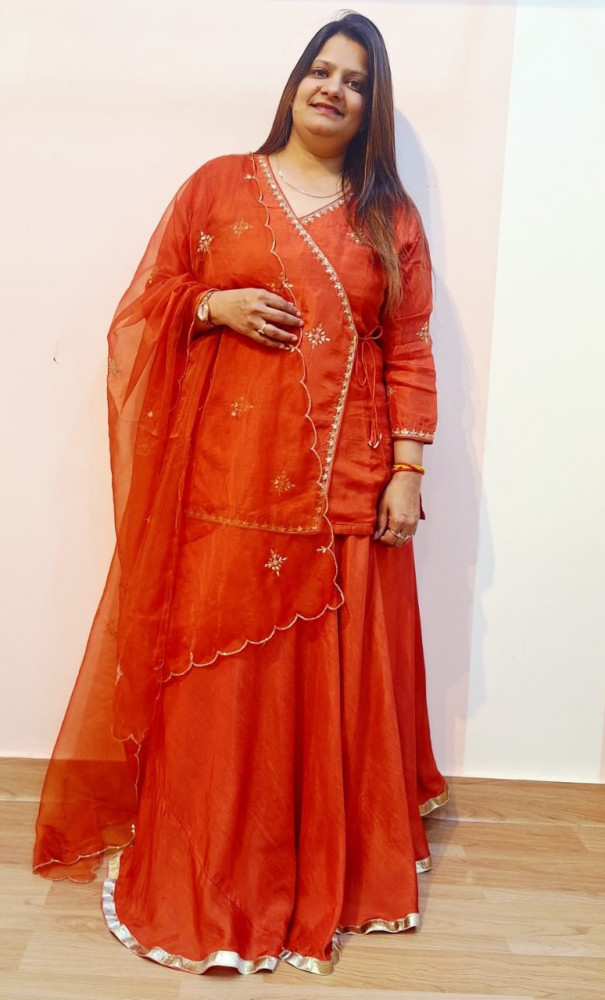 Image of RUST ORANGE HANDWORK ANGRAKHA WITH SKIRT AND DUPATTA SET