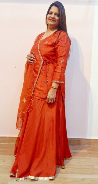 RUST ORANGE HANDWORK ANGRAKHA WITH SKIRT AND DUPATTA SET