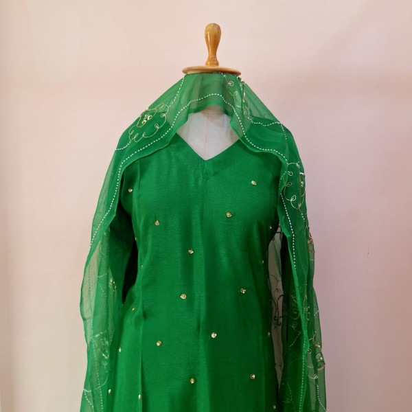 GREEN HANDWORK KURTI PANT DUPATTA SET