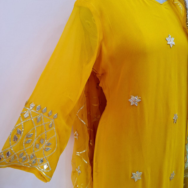 YELLOW KACHHA GOTA HANDWORK KURTI PANT WITH DUPATTA SET