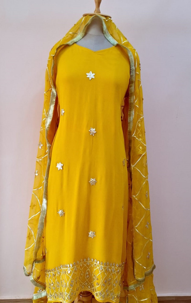 Image of YELLOW KACHHA GOTA HANDWORK KURTI PANT WITH DUPATTA SET
