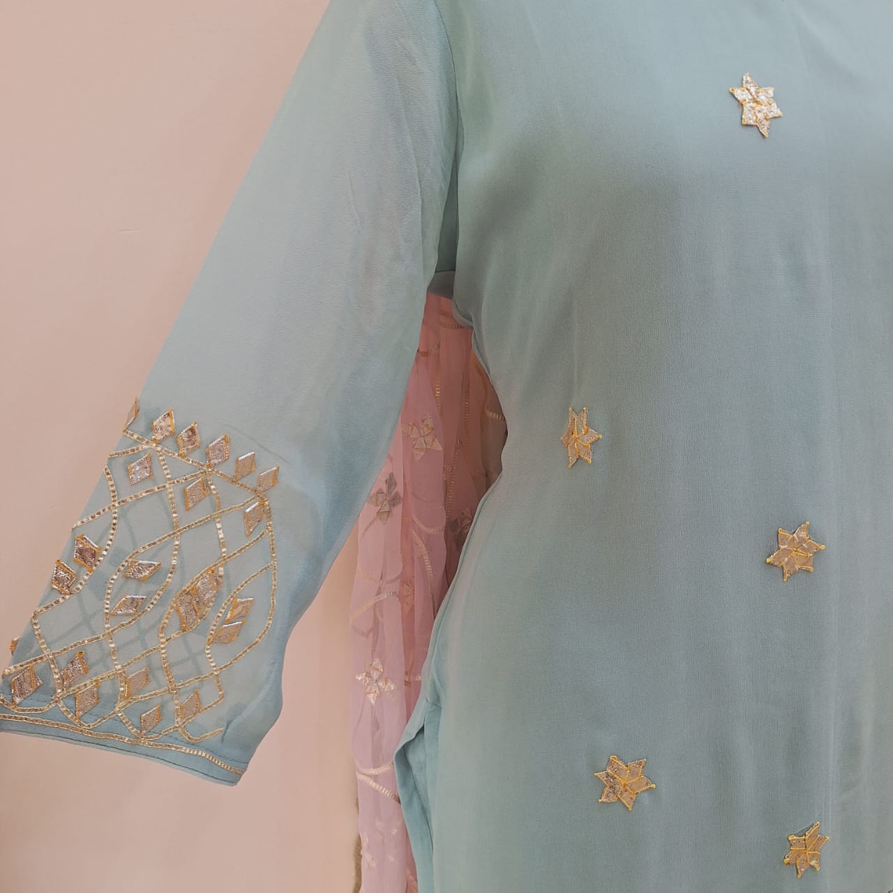 AQUA BLUE KACHHA GOTA HANDWORK SUIT PANT WITH CHIFFON PINK AND BLUE SHADED DUPATTA SET