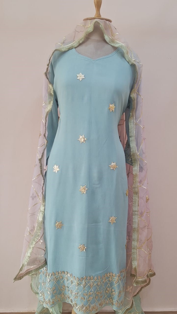 AQUA BLUE KACHHA GOTA HANDWORK SUIT PANT WITH CHIFFON PINK AND BLUE SHADED DUPATTA SET